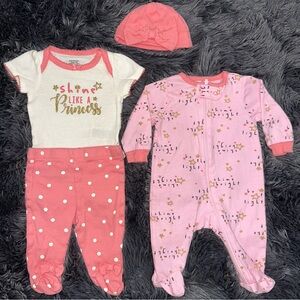 Gerber Newborn 4 piece set- Pink princess footie, a onesie, pants, and a hat